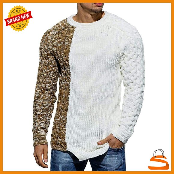 Men's Pullover Sweater Ribbed Knit Cable Color Block Crew Neck